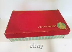 ECOLE CLASSE JOUETS WEBER 1960 BOITE D'ORIGINE 52/30 cm 8 POUPEE ELEVES BUREAU
