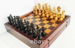 Échecs Régence, Roi 82mm, buis vernis + boite + coffret multijeux / Old Chess