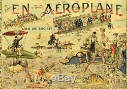 JEU de SOCIETE EN AEROPLANE Chromo-litho originale entoilée 49x37cm G. SERRE