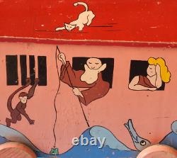 JOUET ANCIEN DE PLANCHER EN BOIS DECORE ARCHE DE NOE AVEC 11 ANIMAUX 1937's