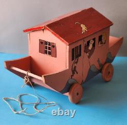 JOUET ANCIEN DE PLANCHER EN BOIS DECORE ARCHE DE NOE AVEC 11 ANIMAUX 1937's