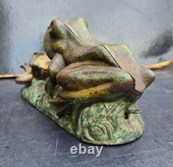 J & E Stevens Ancien Jouet Grenouilles Tirelire Fonte USA Two Frogs Bank 1880