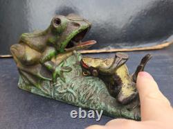 J & E Stevens Ancien Jouet Grenouilles Tirelire Fonte USA Two Frogs Bank 1880