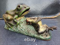 J & E Stevens Ancien Jouet Grenouilles Tirelire Fonte USA Two Frogs Bank 1880