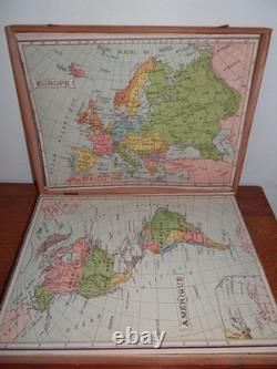 Jeu Ancien 48 Cubes en Bois Atlas Géographique XIXème Complet