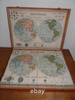 Jeu Ancien 48 Cubes en Bois Atlas Géographique XIXème Complet