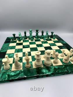 Jeu d'échecs ancien complet Échiquier en malachite 36,5 x 36,5 cm vintage