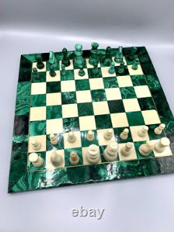 Jeu d'échecs ancien complet Échiquier en malachite 36,5 x 36,5 cm vintage
