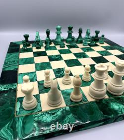 Jeu d'échecs ancien complet Échiquier en malachite 36,5 x 36,5 cm vintage