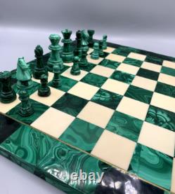 Jeu d'échecs ancien complet Échiquier en malachite 36,5 x 36,5 cm vintage
