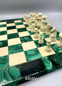 Jeu d'échecs ancien complet Échiquier en malachite 36,5 x 36,5 cm vintage