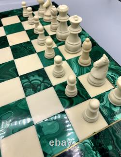 Jeu d'échecs ancien complet Échiquier en malachite 36,5 x 36,5 cm vintage
