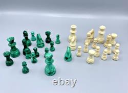 Jeu d'échecs ancien complet Échiquier en malachite 36,5 x 36,5 cm vintage
