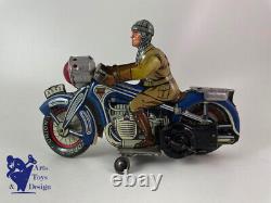 Jouet Ancien Arnold A643 Moto Civile Bleue Tole Mecanique Vers 1950 L 19cm