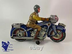 Jouet Ancien Arnold A643 Moto Civile Bleue Tole Mecanique Vers 1950 L 19cm