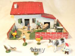 Jouet Ancien Ferme En Bois Et Composition Avec Animaux Durso Elastolin Chialu Nb