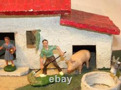 Jouet Ancien Ferme En Bois Et Composition Avec Animaux Durso Elastolin Chialu Nb