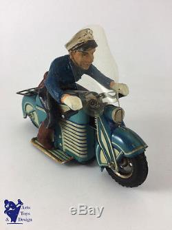 Jouet Ancien Gama 126 Moto Mecanique Wind Up Police Tin Motorcycle C. 1950 17 CM