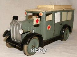 Jouet Ancien Tole Hausser Ambulance Militaire Vintage Tin Toy Elastolin Lineol