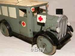 Jouet Ancien Tole Hausser Ambulance Militaire Vintage Tin Toy Elastolin Lineol