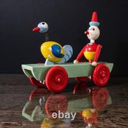 Jouet JEX ancien bois peint 1950 clown et oiseau Art populaire vintage