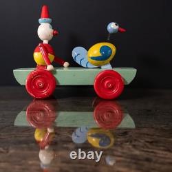 Jouet JEX ancien bois peint 1950 clown et oiseau Art populaire vintage