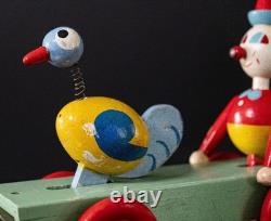 Jouet JEX ancien bois peint 1950 clown et oiseau Art populaire vintage