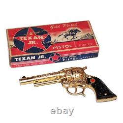 Jouet ancien / pistolet Hubley Texan Junior Cap Pistol Gold Plated en boîte