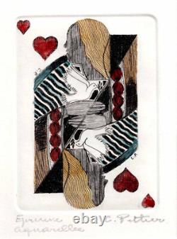 LA MEILLEURE CARTE Lithographie de Colette PETTIER (1907-1983) / jeu ancien