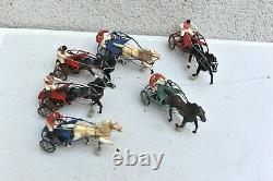 Lot Tiercé Sulky 6 jouets anciens jockeys petits chevaux de circuit, années 60