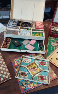 Lot ancien valise mallette jeux cartes casino société bois os Café bar bistrot