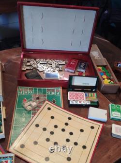 Lot ancien valise mallette jeux cartes casino société bois os Café bar bistrot