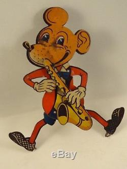 RARE ancien jouet souris Mickey musicien animé tôle lithographié 1930 Allemand