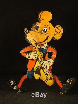 RARE ancien jouet souris Mickey musicien animé tôle lithographié 1930 Allemand