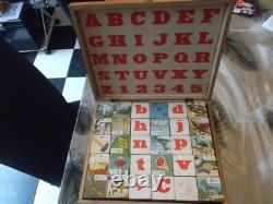 Rare Ancien Jeu De 30 Cubes Alphabetiques Illustres En Bois Annees 1900