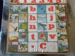 Rare Ancien Jeu De 30 Cubes Alphabetiques Illustres En Bois Annees 1900