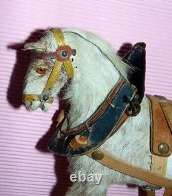 Superbe petit cheval en peau jouet Victorien c1880 sur roues de fonte PRIX R