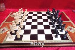 Très Beau, Ancien Jeu D'Échecs, Bois, Incrustations, Tiroirs