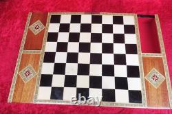 Très Beau, Ancien Jeu D'Échecs, Bois, Incrustations, Tiroirs