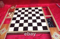 Très Beau, Ancien Jeu D'Échecs, Bois, Incrustations, Tiroirs