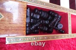 Très Beau, Ancien Jeu D'Échecs, Bois, Incrustations, Tiroirs