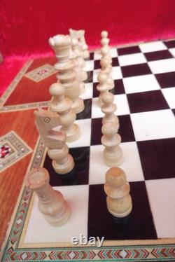 Très Beau, Ancien Jeu D'Échecs, Bois, Incrustations, Tiroirs