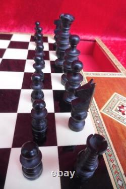 Très Beau, Ancien Jeu D'Échecs, Bois, Incrustations, Tiroirs