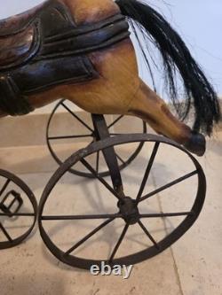 Tricycle Cheval En Bois Ancien Miniature. H40