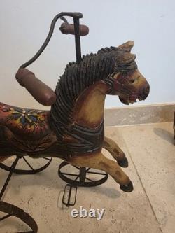 Tricycle Cheval En Bois Ancien Miniature. H40