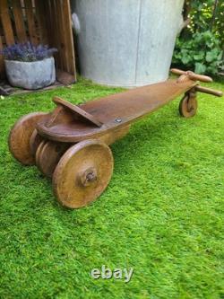 Trottinette en bois ancienne, SKIFA 1920-1930 breveté, direction à poulie