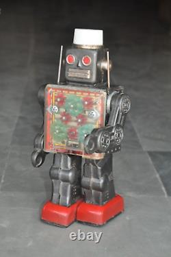 Vintage Noir Fin Éclairage Litho Robot Batterie Boite Jouet, Japon